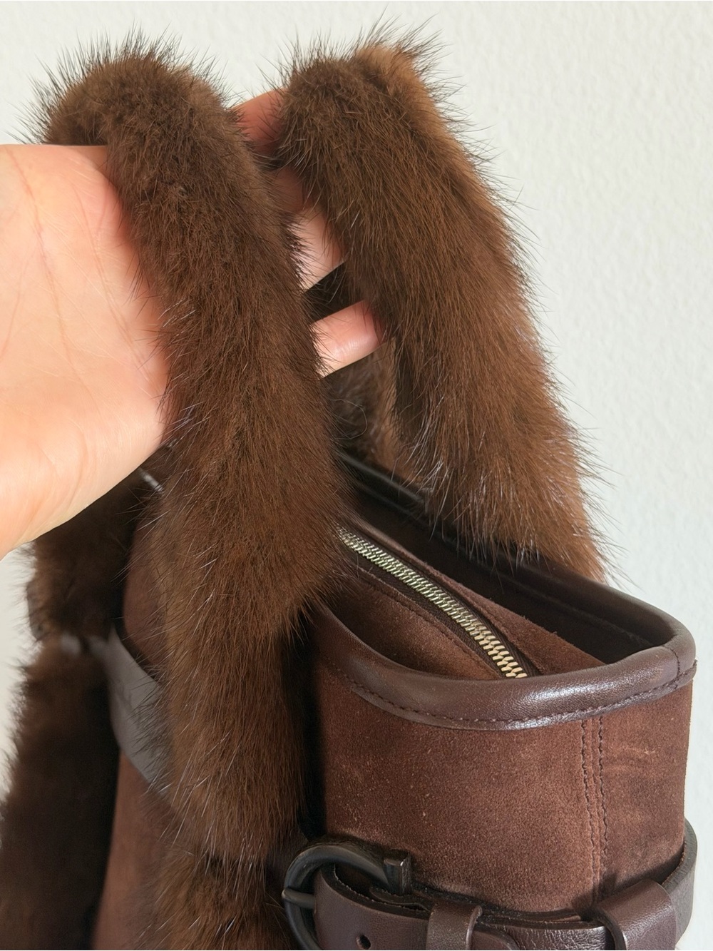 Salvatore Ferragamo Brown Suede Mink Fur Handle Bag - Picture 6 of 13